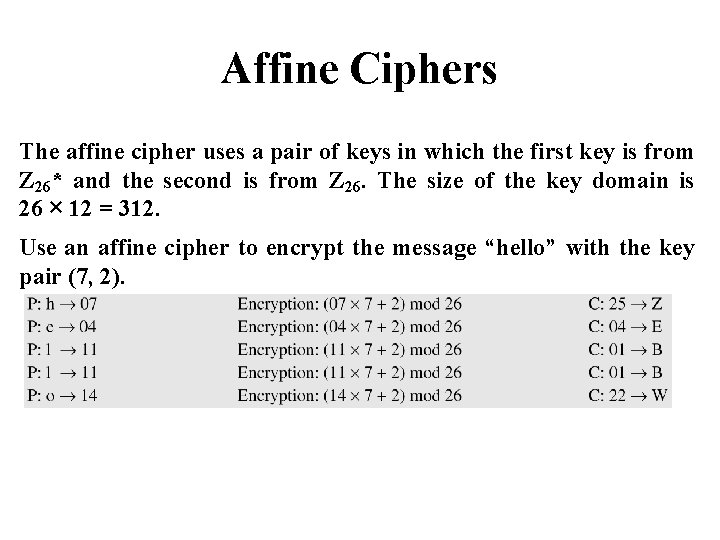 Affine Ciphers The affine cipher uses a pair of keys in which the first