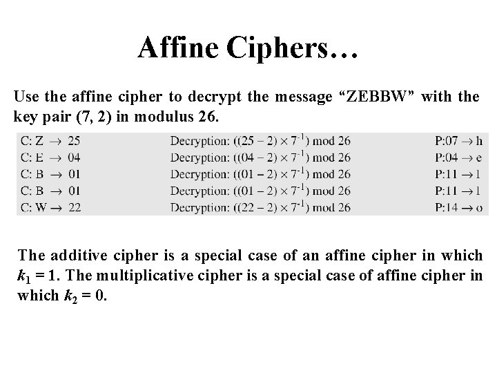 Affine Ciphers… Use the affine cipher to decrypt the message “ZEBBW” with the key