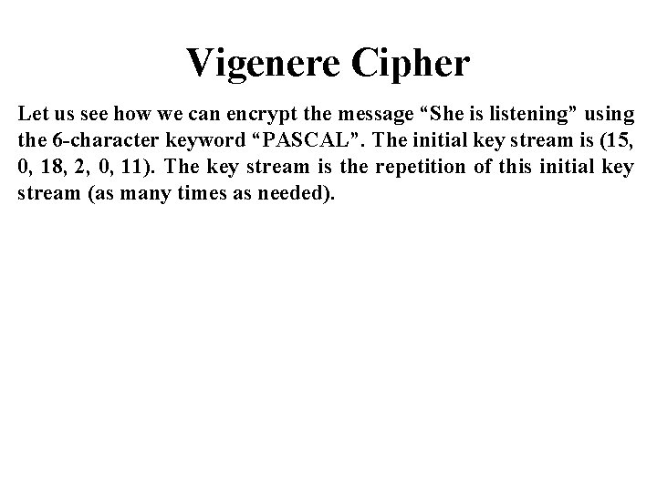 Vigenere Cipher Let us see how we can encrypt the message “She is listening”