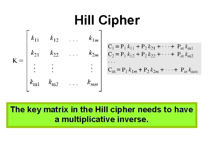 Hill Cipher The key matrix in the Hill cipher needs to have a multiplicative