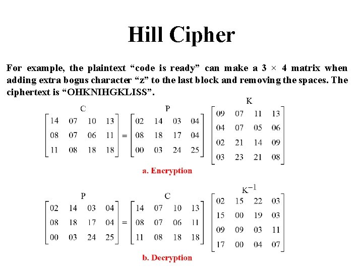 Hill Cipher For example, the plaintext “code is ready” can make a 3 ×