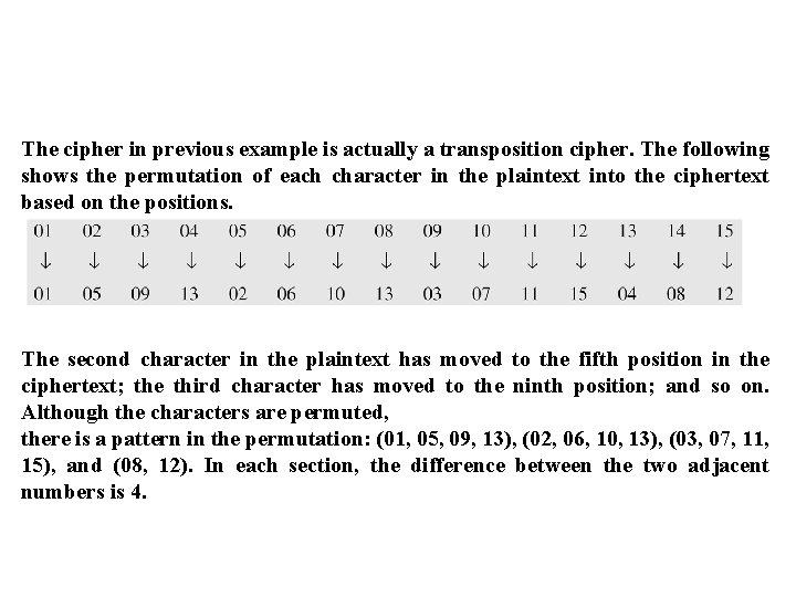 The cipher in previous example is actually a transposition cipher. The following shows the