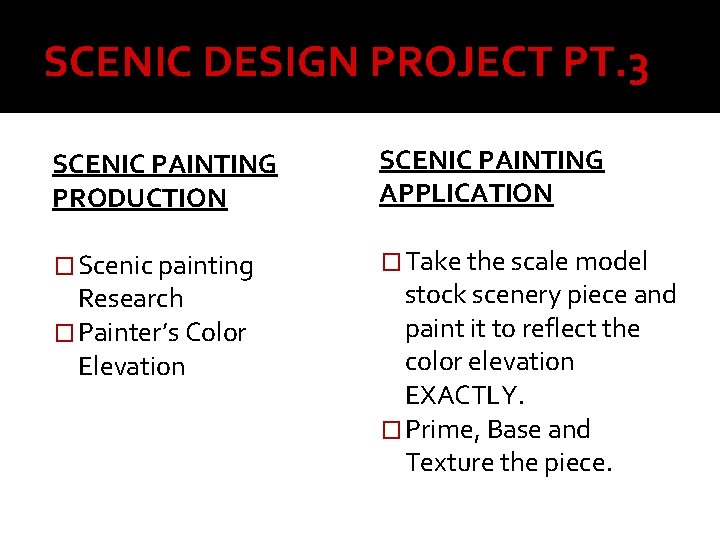 SCENIC DESIGN PROJECT PT. 3 SCENIC PAINTING PRODUCTION SCENIC PAINTING APPLICATION � Scenic painting