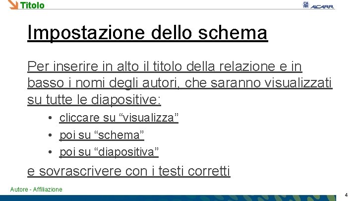 Titolo Impostazione dello schema Per inserire in alto il titolo della relazione e in