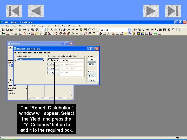 The “Report: Distribution” window will appear. Select the Yield, and press the “Y, Columns”