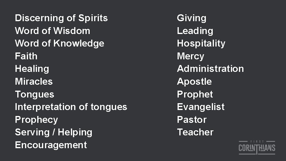 Discerning of Spirits Word of Wisdom Word of Knowledge Faith Healing Miracles Tongues Interpretation