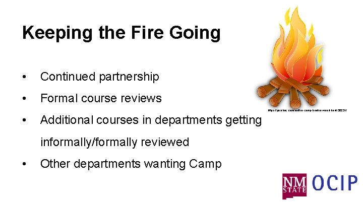 Keeping the Fire Going • Continued partnership • Formal course reviews https: //pixabay. com/en/fire-camp-bonfire-wood-heat-30231/