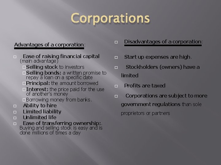 Corporations Advantages of a corporation: � � � Ease of raising financial capital (main