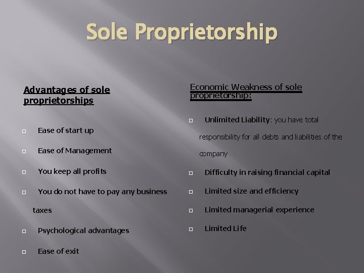 Sole Proprietorship Advantages of sole proprietorships Economic Weakness of sole proprietorship: � Unlimited Liability: