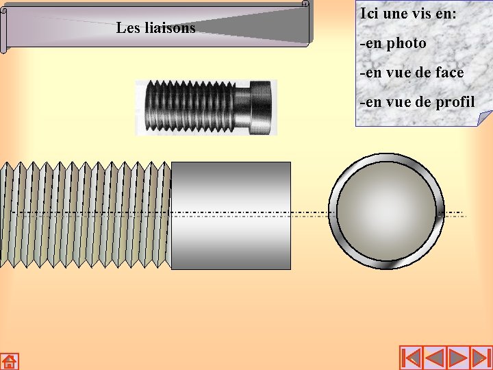 Les liaisons Ici une vis en: -en photo -en vue de face -en vue Les liaisons Ici une vis en: -en photo -en vue de face -en vue