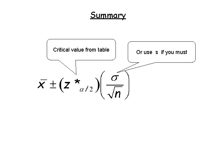 Summary Critical value from table Or use s if you must 