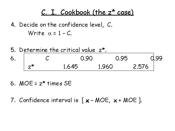 C. I. Cookbook (the z* case) 4. Decide on the confidence level, C. Write