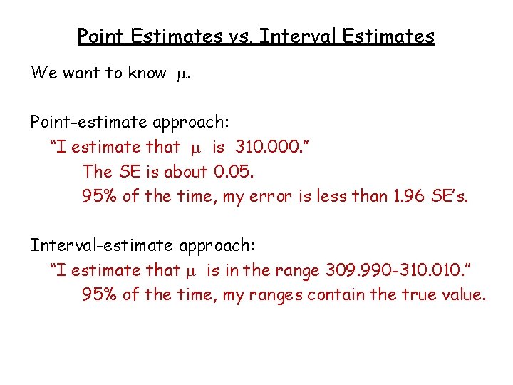 Point Estimates vs. Interval Estimates We want to know . Point-estimate approach: “I estimate