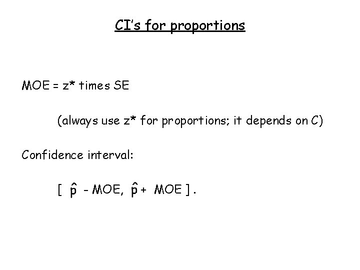 CI’s for proportions MOE = z* times SE (always use z* for proportions; it