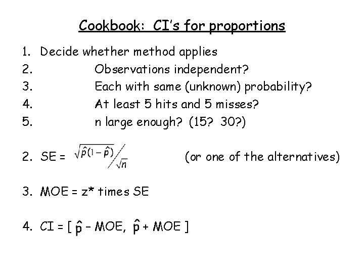 Cookbook: CI’s for proportions 1. Decide whether method applies 2. Observations independent? 3. Each