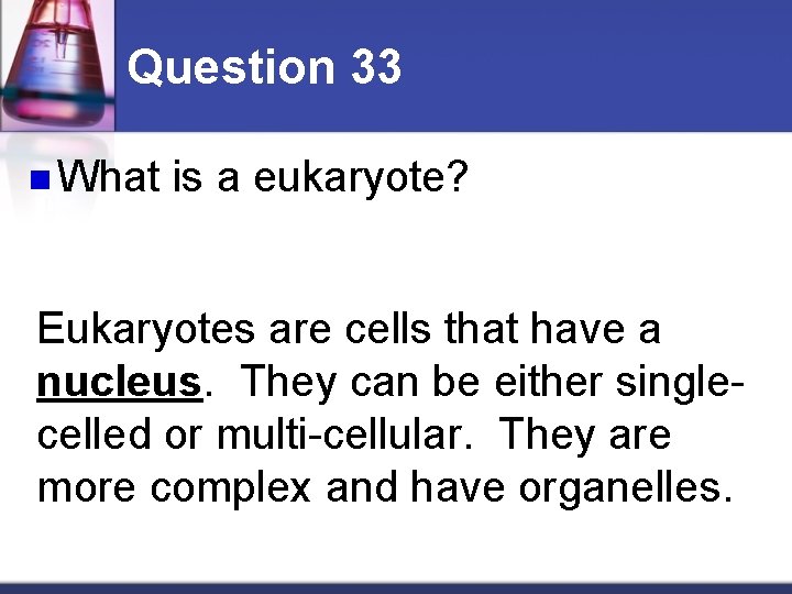 Question 33 n What is a eukaryote? Eukaryotes are cells that have a nucleus.