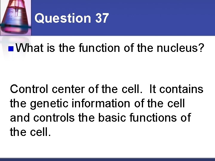 Question 37 n What is the function of the nucleus? Control center of the