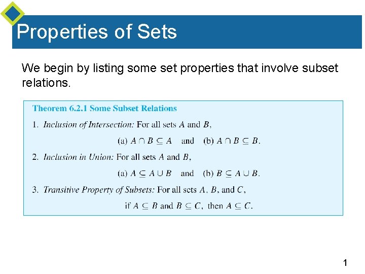 Properties of Sets We begin by listing some set properties that involve subset relations.
