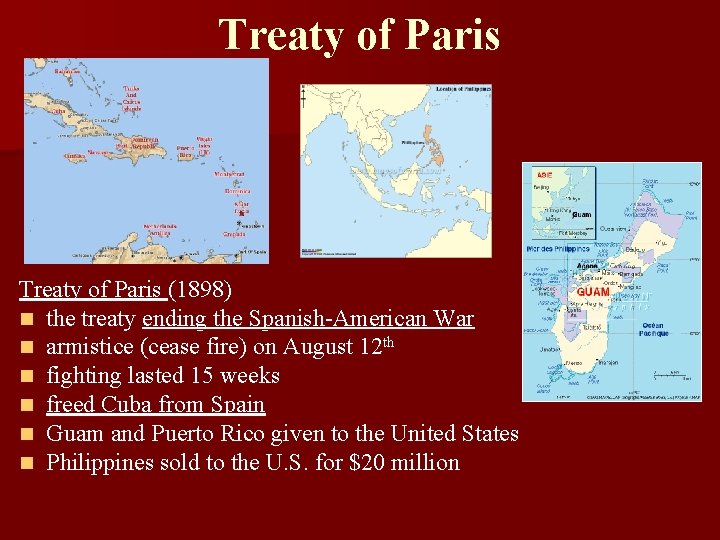 Treaty of Paris (1898) n the treaty ending the Spanish-American War n armistice (cease