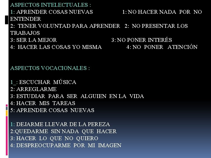 ASPECTOS INTELECTUALES : 1: APRENDER COSAS NUEVAS 1: NO HACER NADA POR NO ENTENDER