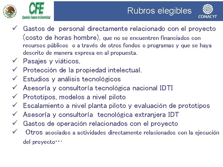 Rubros elegibles ü Gastos de personal directamente relacionado con el proyecto (costo de horas