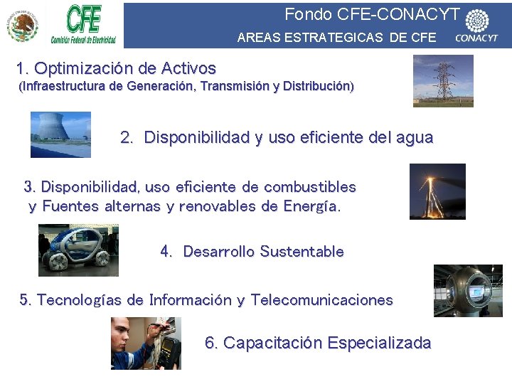 Fondo CFE-CONACYT AREAS ESTRATEGICAS DE CFE 1. Optimización de Activos (Infraestructura de Generación, Transmisión