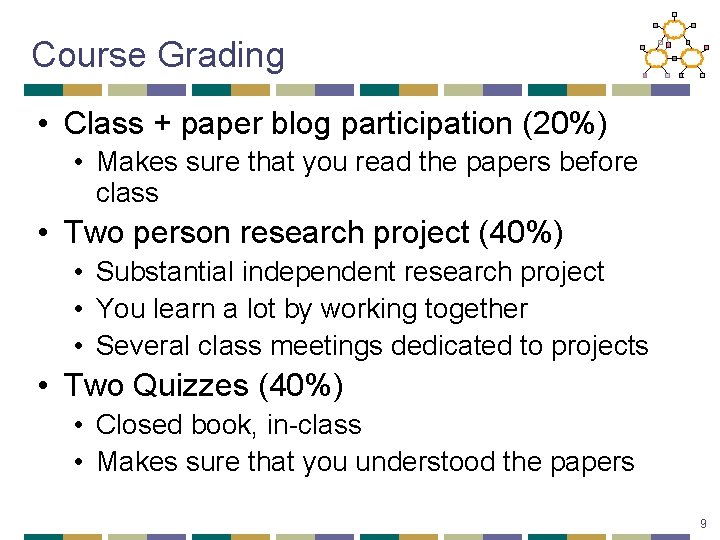 Course Grading • Class + paper blog participation (20%) • Makes sure that you
