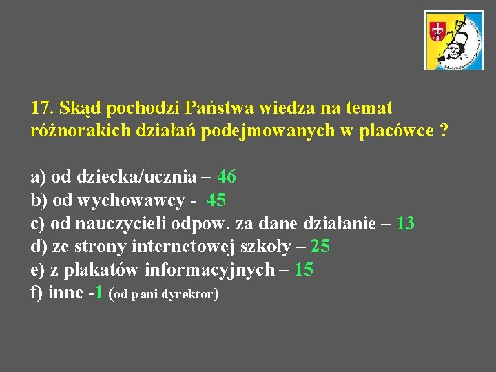 17. Skąd pochodzi Państwa wiedza na temat różnorakich działań podejmowanych w placówce ? a)