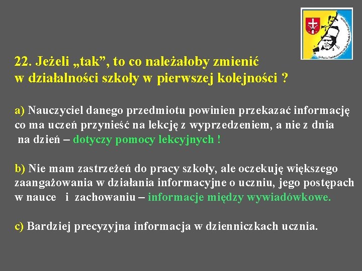 22. Jeżeli „tak”, to co należałoby zmienić w działalności szkoły w pierwszej kolejności ?