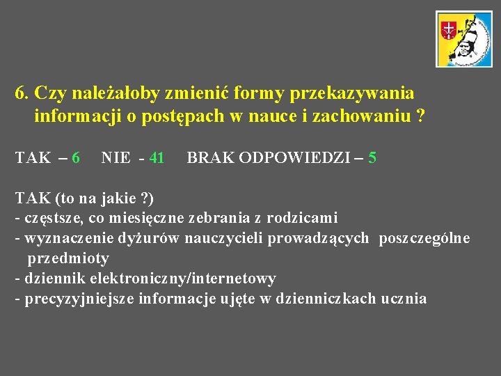 6. Czy należałoby zmienić formy przekazywania informacji o postępach w nauce i zachowaniu ?