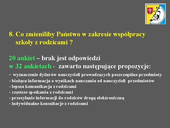 8. Co zmieniliby Państwo w zakresie współpracy szkoły z rodzicami ? 20 ankiet –