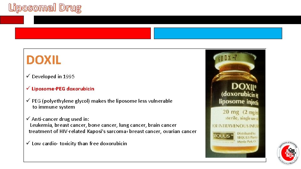 Liposomal Drug DOXIL ü Developed in 1995 ü Liposome-PEG doxorubicin ü PEG (polyethylene glycol)