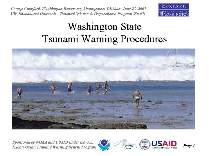 George Crawford, Washington Emergency Management Division June 25 , 2007 UW Educational Outreach –