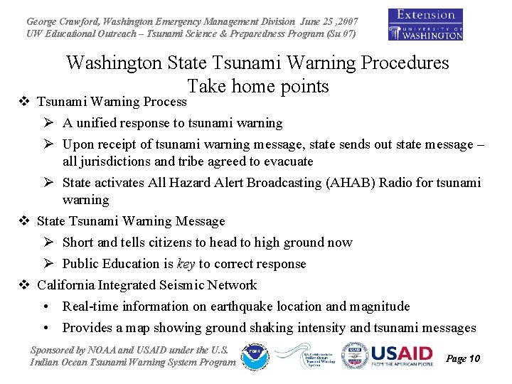 George Crawford, Washington Emergency Management Division June 25 , 2007 UW Educational Outreach –