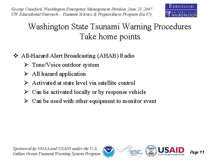 George Crawford, Washington Emergency Management Division June 25 , 2007 UW Educational Outreach –