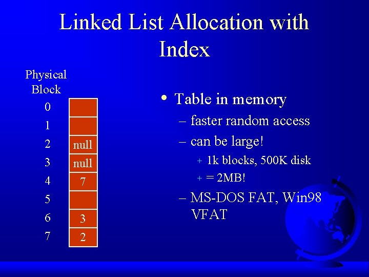 Linked List Allocation with Index Physical Block 0 1 2 null 3 null 4