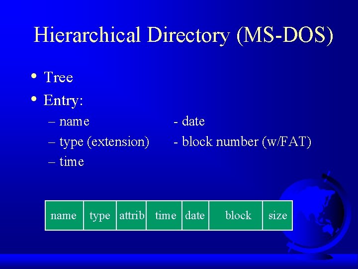 Hierarchical Directory (MS-DOS) • • Tree Entry: – name – type (extension) – time