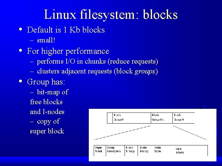 Linux filesystem: blocks • • • Default is 1 Kb blocks – small! For