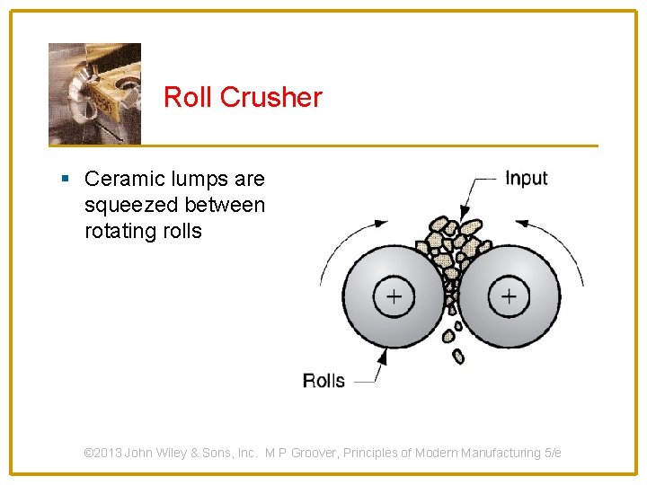 Roll Crusher § Ceramic lumps are squeezed between rotating rolls © 2013 John Wiley