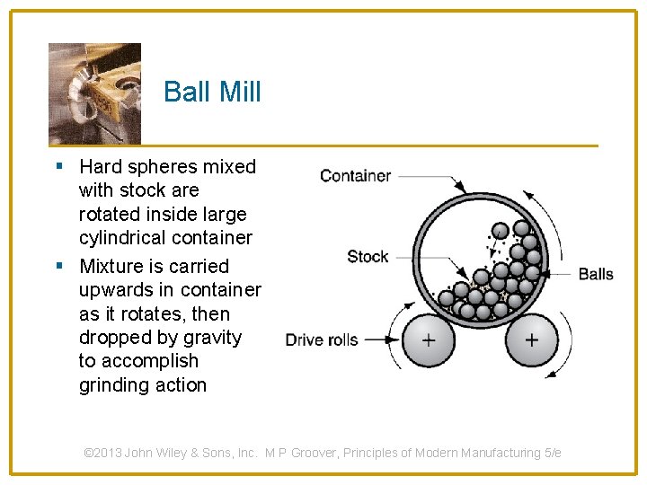 Ball Mill § Hard spheres mixed with stock are rotated inside large cylindrical container