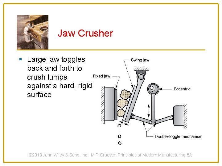 Jaw Crusher § Large jaw toggles back and forth to crush lumps against a