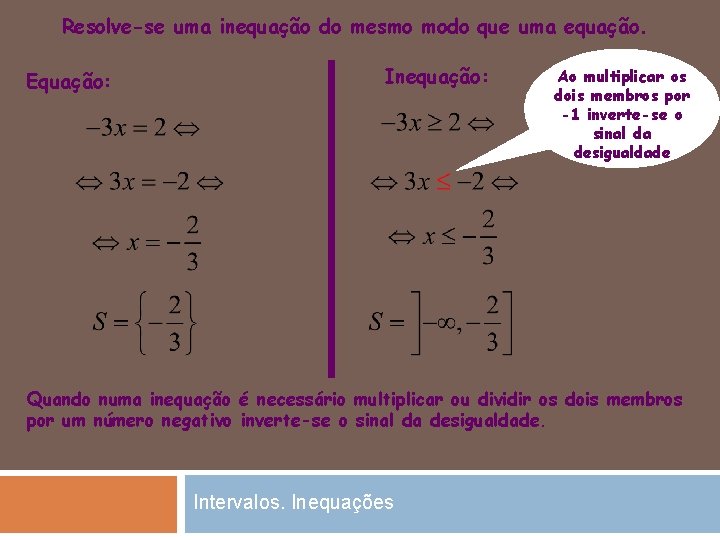 Resolve-se uma inequação do mesmo modo que uma equação. Equação: Inequação: Ao multiplicar os