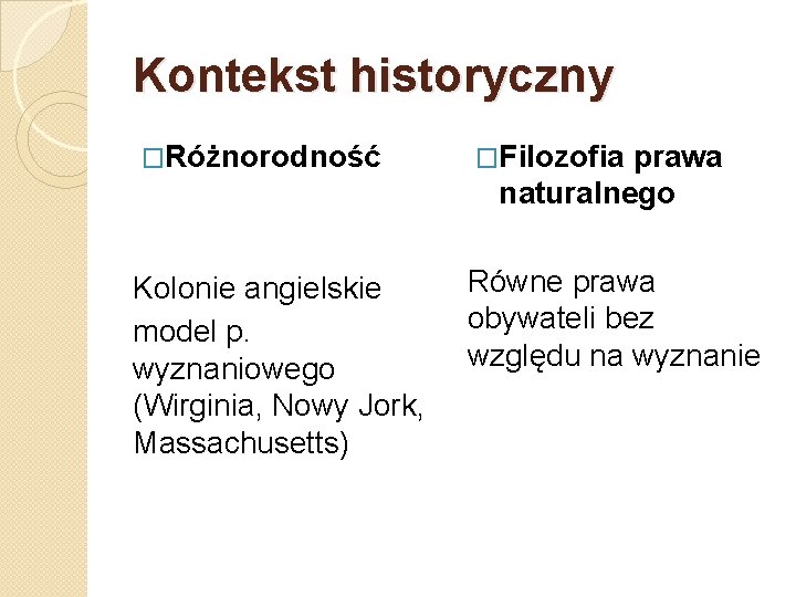 Kontekst historyczny �Różnorodność �Filozofia prawa naturalnego Kolonie angielskie model p. wyznaniowego (Wirginia, Nowy Jork,