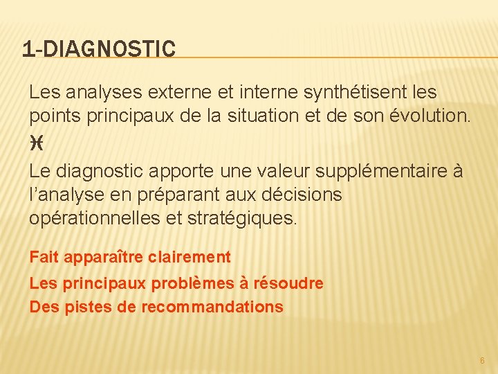 1 -DIAGNOSTIC Les analyses externe et interne synthétisent les points principaux de la situation