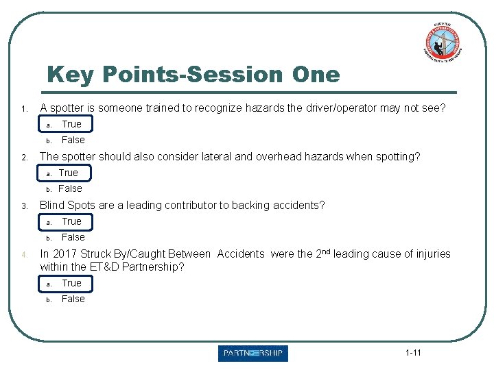 Key Points-Session One 1. 2. 3. 4. A spotter is someone trained to recognize
