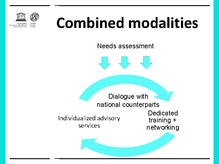 Combined modalities Needs assessment Dialogue with national counterparts Dedicated Individualized advisory training + services