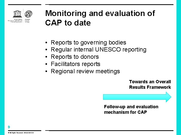 Monitoring and evaluation of CAP to date • • • Reports to governing bodies