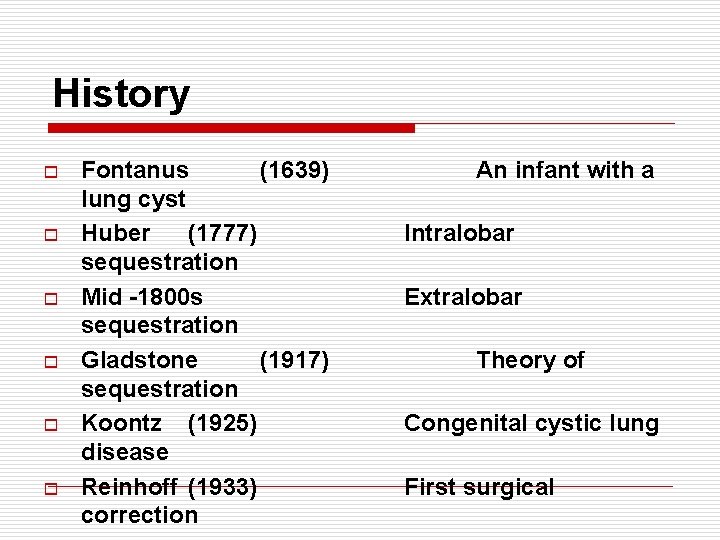 History o o o Fontanus (1639) lung cyst Huber (1777) sequestration Mid -1800 s