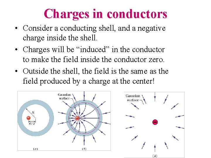 Charges in conductors • Consider a conducting shell, and a negative charge inside the