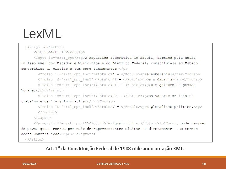 Lex. ML Art. 1⁰ da Constituição Federal de 1988 utilizando notação XML. 04/02/2014 SISTEMAS